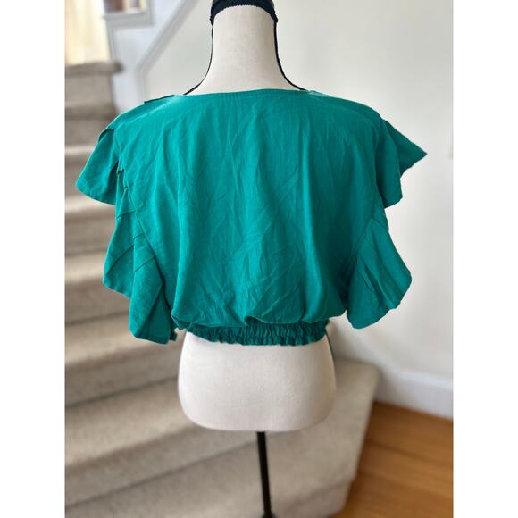 Mexican Embroidery Ruffle Blouse Cropped Teal Green Rainbow Star Western Boho - Picture 3 of 4